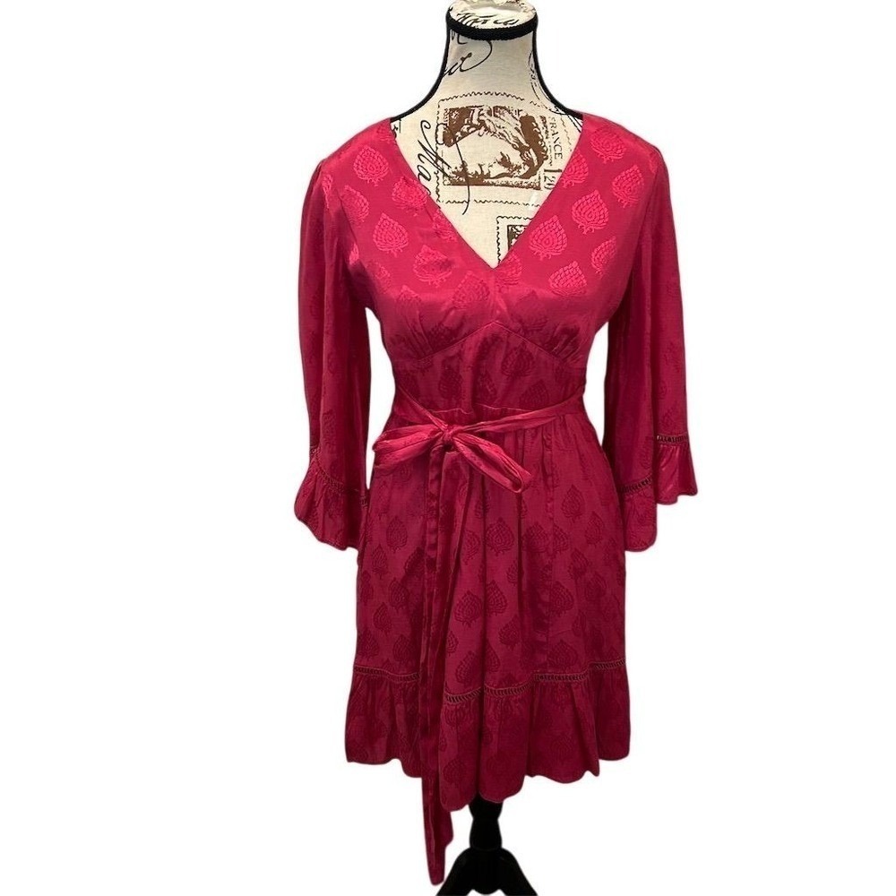 Maeve Anthropologie Mini Dress Women 2 Magenta Pink Jacquard Bell Sleeve Boho